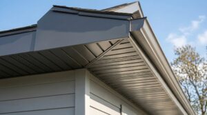 Dark gray aluminum soffit panels with ventilation.