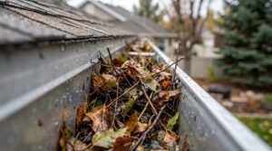 A residential gutter filled with leaves and twigs after a storm.